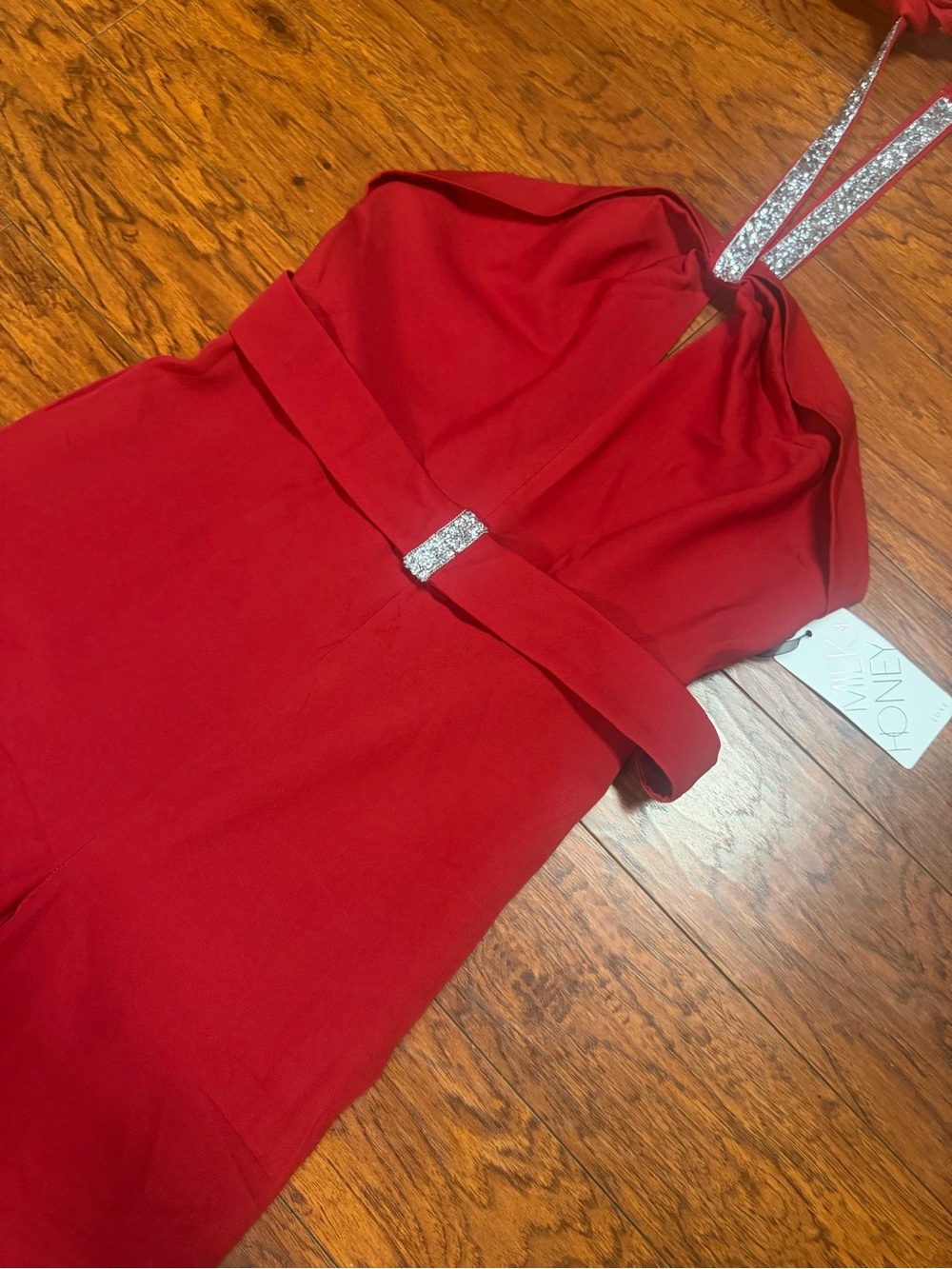 Red Rhinestone-Strap Halter Jumpsuit - Picture 3 of 6
